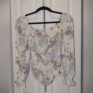 Rose & Olive Cream Floral Ruched Square-Neck Blouse
